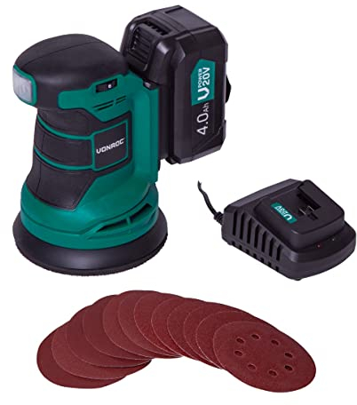VONROC Levigatrice orbitale VPOWER 20V - Ø125mm. Include una batteria da 4.0Ah, caricabatterie, sacchetto raccolta polvere e 12 pezzi di carta abrasiva