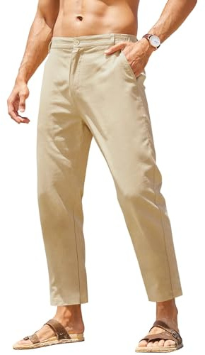 COOFANDY Men's Cotton Linen Pants Elastic Waist Lightweight Casual Pants Relaxed Fit Yoga Beach Pants with Pockets