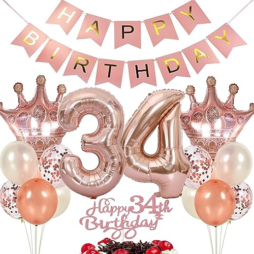 Ouceanwin Luftballon 34. Geburtstag Deko Frauen, Rosegold Geburtstagsdeko 34 Jahre Frau, Tortendeko 34 Geburtstag Frau, Ballons Happy Birthday Deko 34. Geburtstags Frauen Party Dekoration Set