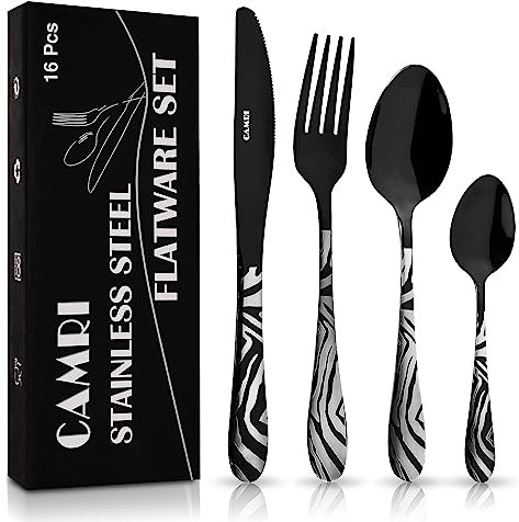 CAMRI Cutlery Set – 16 Piece Flatware Set Stainless Steel, Silverware Tableware Set, Knife Fork Spoon Set for 4 People, Dishwasher Safe/Easy to Clean (Zebra Black Pattern)