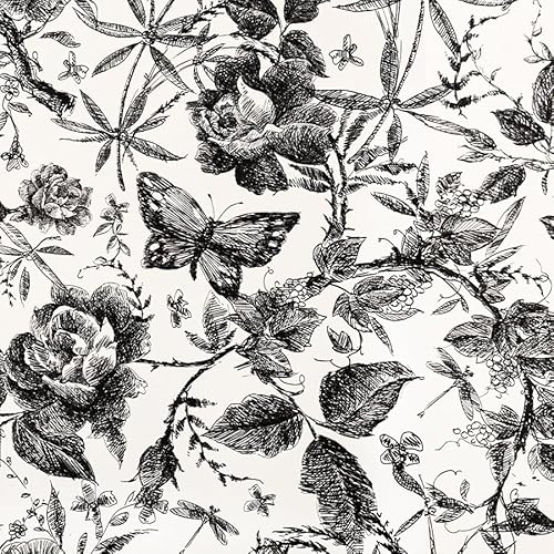 LOVADA Peel and Stick Drawer Liner Contact Paper Wallpaper Removable Self Adhesive Vintage Rose Floral Butterfly Sketched Design for Dresser Cabinet Shelf Renter Friendly Black 40 * 300cm