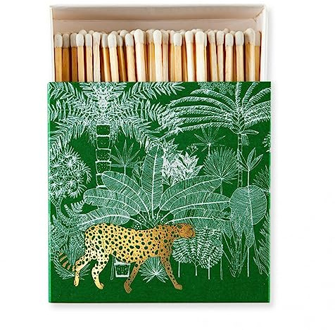 Green Gold Cheetah Long Matches - Luxury Giant Square Matchbox - White Tip Coloured Large Matchsticks - Candles Fireside Housewarming Gift