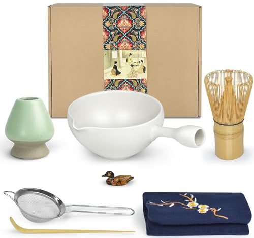 Artcome Japanese Tea Ceremony Kit - Bowl, Whisk, Scoop, Strainer, Matcha Powder, Set for Usucha, Koicha & Matcha Latte (7 PCS)