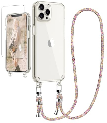Ciciber Handykette Hülle für iPhone 12/12 Pro Handyhülle mit Band und Schutzfolie, Transparent Case mit Schnur zum Umhängen Kordel Necklace Hülle Schutzhülle für iPhone 12/12 Pro 6.1, Regenbogen