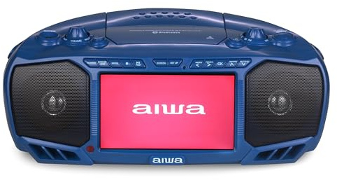 Aiwa Portable Boombox, Crystal Clear Sound with 3W x 2 Speakers and Bass Function, Featuring a 7 LCD Display, Bluetooth Connectivity, FM Radio, CD/DVD Player, Streaming on Roku and Amazon Firestick
