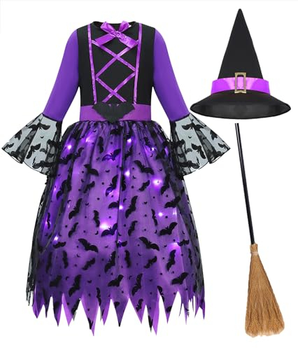 Geplaimir Hexenkostüm Kinder Hexen Kostüm Mädchen Karneval Zauberer Kostüm Mit Licht Hexenkleid mit Hexenhut Hexenbesen Leuchtende Witcher Outfit Set für Fasching Halloween G073XL