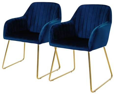 ML-Design Esszimmerstühle 2er Set, Sitzfläche aus Samt, Blau, Wohnzimmerstuhl mit Rücken- und Armlehnen, Küchenstuhl Gold Beine, Polsterstuhl mit Metallgestell, Ergonomische Sessel für Esstisch