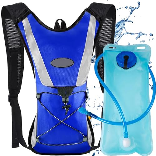 XFLYP Trinkrucksack mit 2L Trinkblase, 5L Ultraleicht Trinkrucksack Trail Rucksack Trinkweste, Leichter Laufen Rucksack Wasserdicht, reflektierend, reißfest für Laufen, Camping, Wandern(Blau)