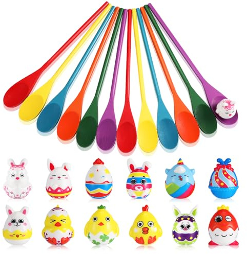 Toulite 24 Pcs Egg Spoon Race Includes 12 Wood Spoons 12 Easter Relay Race Egg Foam Stress Ball Balance Relay Hunt for Indoor Outdoor Easter Party Supply