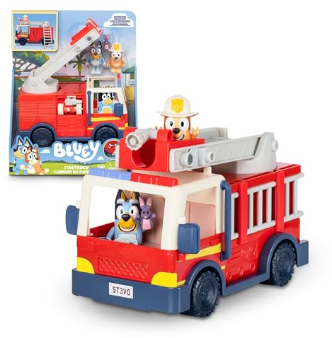 Bluey Feuerwehrauto, blaues Hundfahrzeug, inkl. beweglicher Bingo-Figur, bewegliche Puppen mit Schlauchzubehör, Leiter, LKW, Berühmte (BLY68000)
