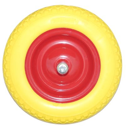 Ruota Carriola Piena Gialla - Ruota Carriola da Giardino 3.50-8 Antiforatura in PU, include Pneumatico e Asse, Ø 350 mm (Interasse 200 mm)