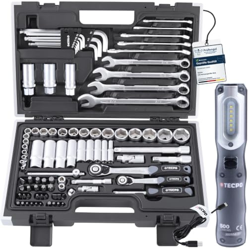 TECPO Zoll Steckschlüssel-Satz, Ringschlüssel und Maulschlüssel, Werkzeugkoffer 92-tlg, Ratsche mit Schraubenschlüsselsatz, Nuss, Verlängerung, Adapter, Innensechskantschlüssel und Zubehör + LED Lampe