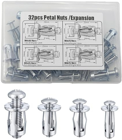 Coffee Life Plus® Dadi Jack Dadi Petali Dadi di Espansione Dadi Sottili Fissaggi Dowels con l'assemblaggio Viti Assemblaggio per Parete Cava in sottile parete morbida (Confezione mista（32pcs）)
