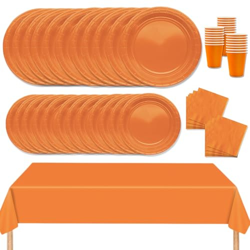 MORAINJAY 69 Stück Partygeschirr Set,Orange Papiergeschirr Set,Geburtstag Party Geschirr Set mit Tischdecke Pappteller Servietten Becher,für Hochzeiten,Weihnachten Geburtstagsparty Deko-16 Gäste