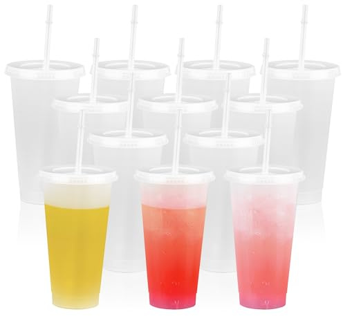 YKUKIZEE 10 Pcs Clear Plastic Cups with Lids and Straws 24 oz, Reusable Cold Cups with Lid and Straw, 710 ml Plastic Tumblers with Lids and Straws Bulk for Iced Water Smoothie Travel Party