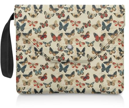 Poceacles Buchumschlag Taschen Schmetterling Beige Retroo Buchschutz mit extra Hülsentasche waschbar Buchhülle Fit für Taschenbuch, Bibel, Hardcover, Novel, 30 x 23,9 cm
