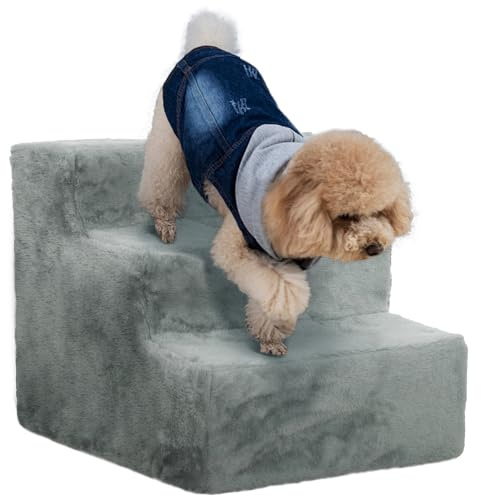 PawHut Hundetreppe 3 Stufen Haustiertreppe mit Bezug 35 cm Hoch Hellgrau | Katzenstufen für Kleine Hunde, Katzentreppe, Hunderampe, Waschbar Bezug, Einstiegshilfe für Bett, Sofa, Couch