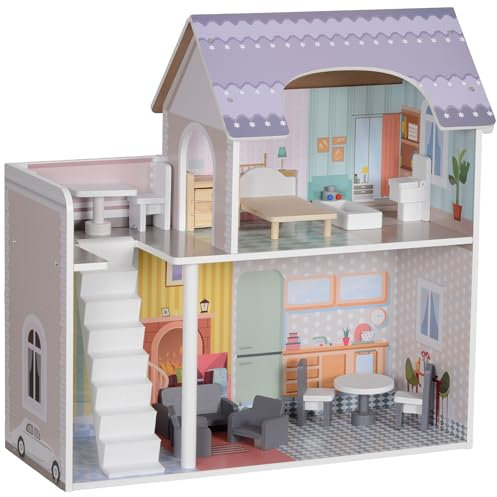 AIYAPLAY Dolls House with 13 Furniture Pieces and Accessories, 2 Levels Play Set with Balcony, Pretend Play Game, for Ages 3-6 Years