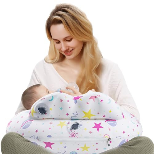 Inflatable Nursing Pillow for Breastfeeding - Travel Children's Feeding Pillow for Mother Support, Adjustable Waist Strap, Removable 100% Cotton Cover - Portable Baby Essence for Newborn & Baby Shower