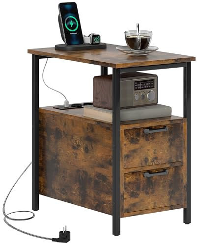 HOMCOM Beistelltisch Couchtisch mit Aufladestation, USB-Anschlüssen und Steckdosen, Nachttisch mit 2 Schubladen, Regal für Wohnzimmer, Schlafzimmer, Rustikal-Braun