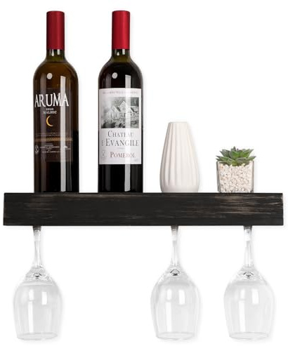 JJUUYOU Wall Mount Wood Stemware Rack Wall Mounted Wine Bottle & Glass Rack Hanging Shelf Glassware Holder Bar Organizer with up to 5 Bottles and 5 Wine Glass Storage 43CM