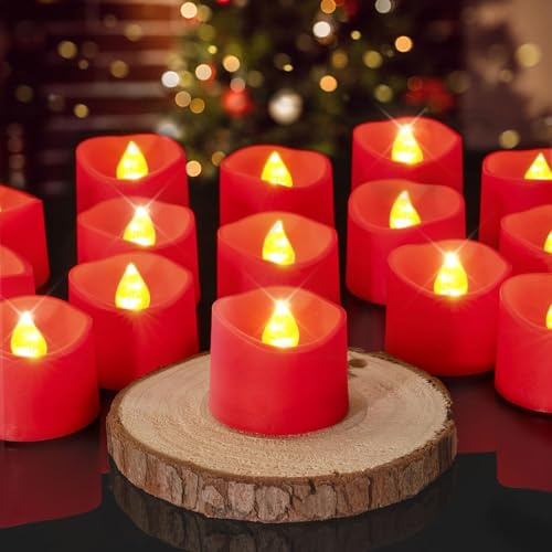 Homemory 24 Stück rote Farbe flackernd helle batteriebetriebene Teelichter flammenlose LED-Kerzen realistische Lichter für Hochzeit Weihnachten Home Decor