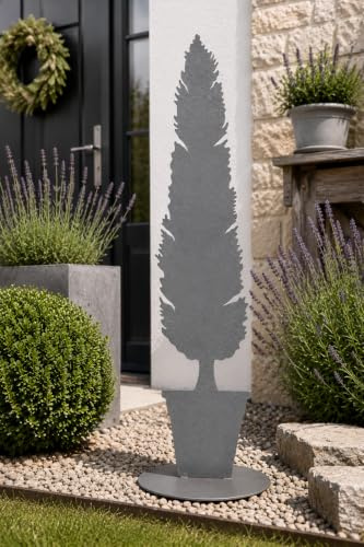 Terma Gartenfigur Zypresse im Topf Grau – 78 cm hohe Figur aus Metall, Stilvolle Gartendeko für Außenbereich, Moderne Gartenverschönerung