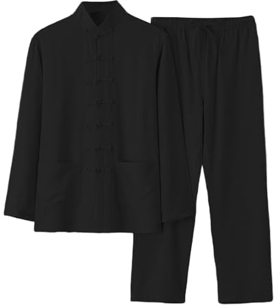 Chemise en lin pour homme Style chinois Tenue en lin Chemises + Pantalon en lin 2 pièces Kungfu Tenue Hommes Tai Chi Vêtements Respirant Costume Kungfu Coupe droite, Noir , XL