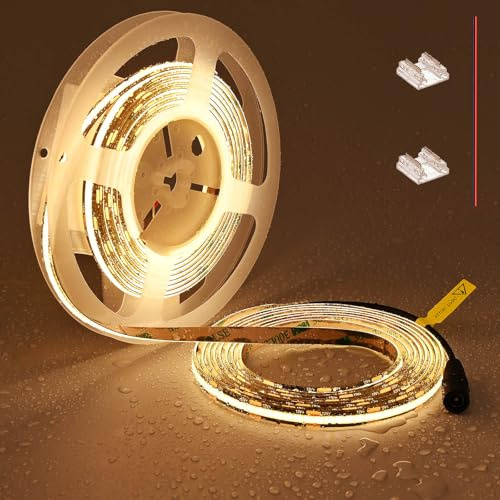 TOPAI LED-tejp COB 12 V, varmvit, 3 000K, vattentät, IP65, PCB, svart, 5 meter, 480 LED/M, 4 000 Lm CRI>90, självhäftande, tillskärbar för kök, skåpbelysning, vardagsrum, utomhus
