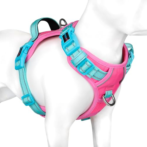 PHOEPET Anti-drag-hundselar – reflekterande justerbar valpsäkerhetssele för små, medelstora och stora hundar (L, rosa bas och grön bärare)