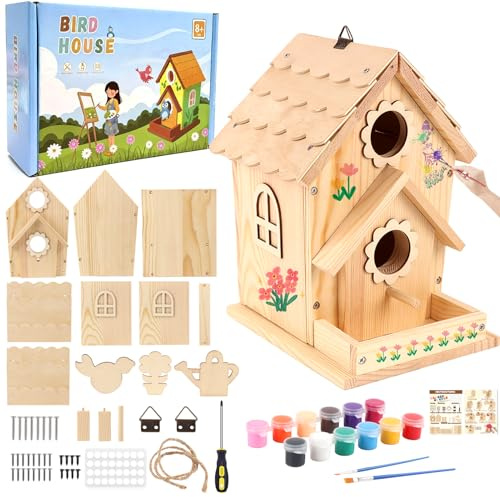 Vogelhaus-Set zum Selbermachen für Kinder und Erwachsene – Vogelhaus-Set aus Holz mit Farbe, Pinseln, Kleber und hängender Schnur für EIN hängendes Vogelhaus Garten und Innenhof
