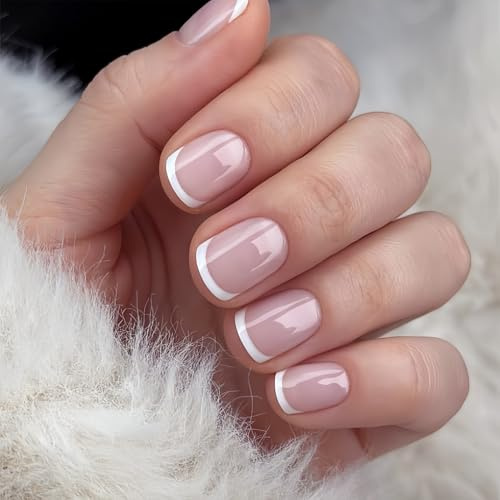 24PCS French Press on Nails - Kunstnägel Kurz Quadratische - Natural Rosa Glossy Künstliche Fingernägel mit Dünne Französische Tip Design - Full Cover Langlebig Nägel Zum Aufkleben für Frauen Mädchen