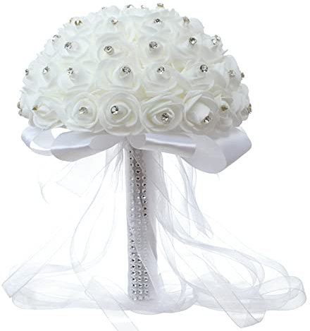 1 bouquet di fiori da matrimonio, 23 x 20 cm, bouquet di rose artificiali, in schiuma, con nastro di raso e strass, bouquet da sposa, colore bianco, per damigella d'onore