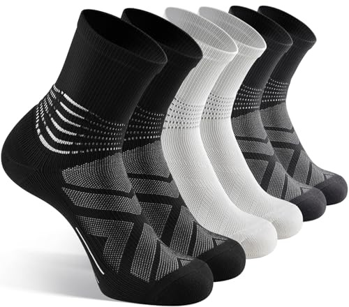 Calcetines de compresión con soporte de tobillo Coolmax, acolchados, para alivio de la fascitis plantar atlética, para hombres y mujeres, negro, blanco y gris oscuro (3 paquetes), M