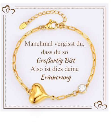 Gamtic Herz Armband Damen Edelstahl Zirkonia - 14K Vergoldet Armkette Silber Armbänder Verstellbare Kettenarmband CZ Modeschmuck Freundschaft Geschenk für Damen Mädchen