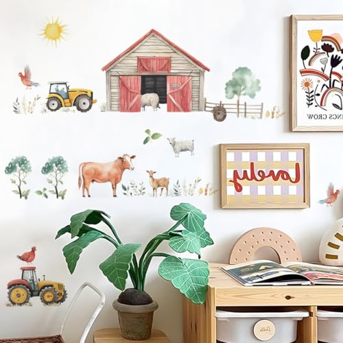 GGUFAY Wandtattoo Bauernhof für Kinderzimmer, Wandaufkleber Bauernhoftiere für Jungenzimmer, Wandsticker Traktor Tiere Kuh Kuhkopf Schaf Huhn für Küche, Wandtattoo Kinderzimmer Junge