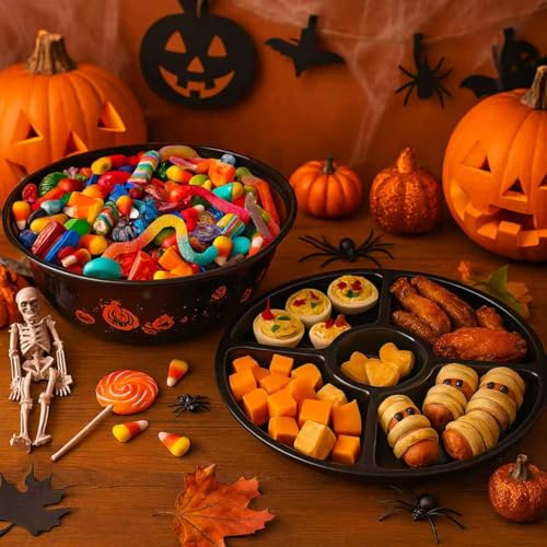 VOLTICO Halloween Trick or Treat Bowl & Snack Platter, Black – 28.5×11.5cm Bowl, 29.5cm 5-Section Tray – Party Table Decor