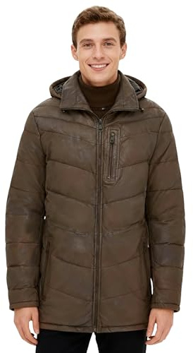 Infinity Leather Giacca trapuntata da uomo in pelle di agnello marrone con cappuccio staccabile, calda e imbottita, cappotto invernale