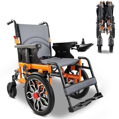 01c Elektrorollstuhl – 32kg, 500W bürstenlose Dual-Motoren, abnehmbarer 24V12Ah Akku, 20km Reichweite, 16“ Luftreifen, 150kg Tragkraft, 3-Sekunden-Faltung, ideal für Reisen (orange Farbe)