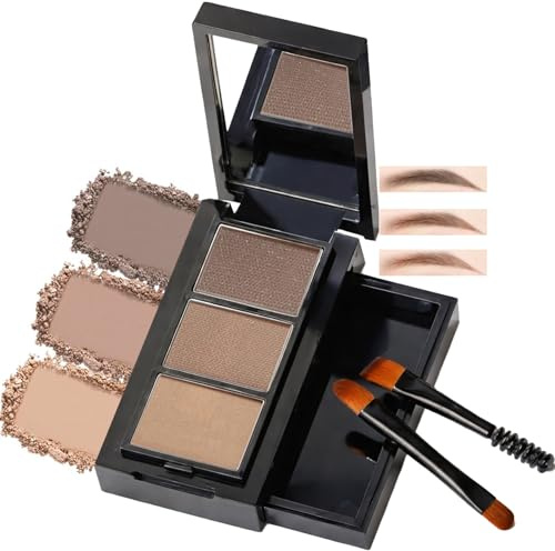 3-Shade Eyebrow Powder Palette with Light, Medium & Dark Brown Tones – Compact Brow Kit with Dual-Ended Brush and Mirror for Natural Definition, Daily Makeup for Fine or Sparse Hair