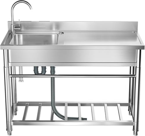Fregadero Industrial de Acero Inox 100cm con Grifo y Mesa de Preparación, Fregadero de Hostelería para Restaurante, Garaje, Cocina y Lavandería