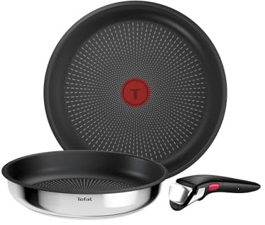 Tefal Ingenio Comfort Max 3-tlg. Pfannen-Set, stapelbar, platzsparend | Titanium Antihaftversiegelung, Thermo-Signal, für alle Herdarten, sicherer Griff, mühelose Reinigung, Edelstahl, L966S344