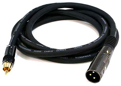 Monoprice XLR Male to RCA Male Cable - 6 Feet - Black, 16AWG Shielded Twisted Pair Oxygen-Free Copper Braid Conductors, E21 Gold Plated Connectors - Premier Series