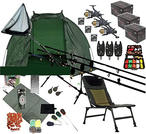 ASL Mega Full Carp Fishing Set Up Chair Rods, Reels, Alarms,Net,Handle,Bait Bivvy Shelter Tackle,Mat,Scales,Hooks P15