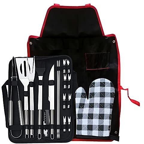 Set Barbecue 20 attrezzi barbecues, kit barbecue con grembiule in regalo e guanti da BBQ, ideale regalo uomo compleanno in acciaio inox utensili barbecue completi, tutti accessori per barbecue