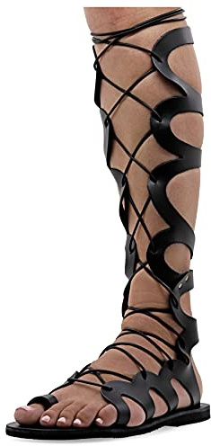Emmanuela Sandali in pelle al ginocchio in stile greco antico, sandali con gladiatore piatto fatto a mano con dita aperte, scarpe estive di alta qualità per legare per le donne, nero, 41 EU
