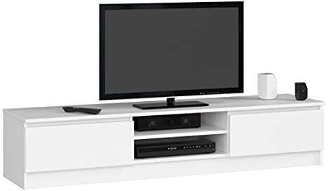 AKORD Low Board K-160 | TV-Shrank mit EIN offenes Regalfach | Fernsehkommode 2 Ablagen mit Klapptüren Links und rechts | H33 x B160 x T40 cm | Gewicht 30 kg | Farbe Weiß