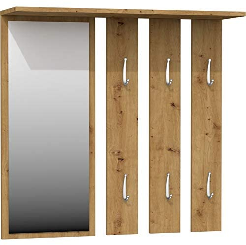 ADGO Opal - Set di mobili da corridoio, 2 in 1, 6 ganci appendiabiti e ripiano, pannello appendiabiti, specchio rettangolare da parete (specchio + appendiabiti, rovere Artisan)