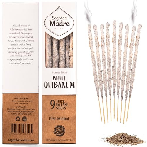 Sagrada Madre 9 pcs Wildly Harvested - White Olibanum/Frankincense Incense Sticks, 7 Long - Thick Aromatic Incense Sticks (45-55 min Burning Time) to Neutralize Negative Energies & Harmonizing Space