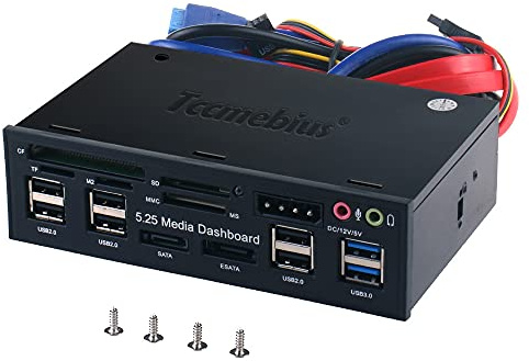 Tccmebius TCC-QL5E Panel frontal multifunción para PC de 5,25 pulgadas, con SATA e-SATA Dual USB 3.0 de 6 puertos USB 2.0 y lector de tarjetas cinco en uno